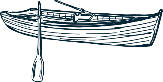 Illustration of a wooden canoe with a paddle resting against it.