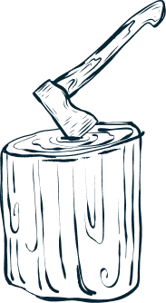 Illustration of a hatchet embedded in a tree stump, symbolizing outdoor activities or wood chopping.