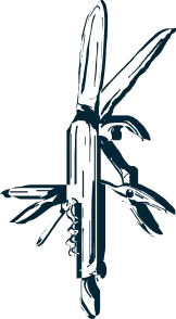 Illustration of a multi-use pocket knife with various tools unfolded, including a blade, scissors, and corkscrew.