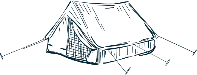 Illustration of a pitched camping tent with ropes and stakes, symbolizing outdoor adventures.