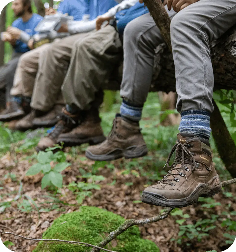 People sitting on a log in a forest, showcasing sturdy hiking boots over vegetation and moss.