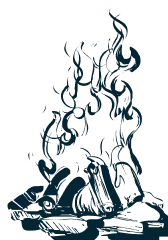Illustration of a campfire with logs and flames, drawn in a simple hand-drawn style.